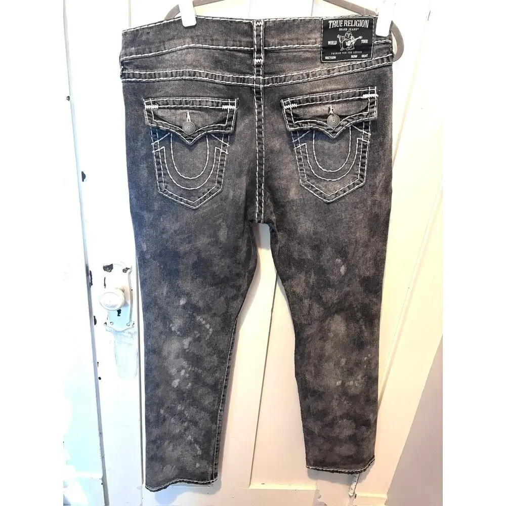 True Religion Ricky Relaxed Straight Jeans Size 38 ✨ Acid Wash Black Gray Y2K